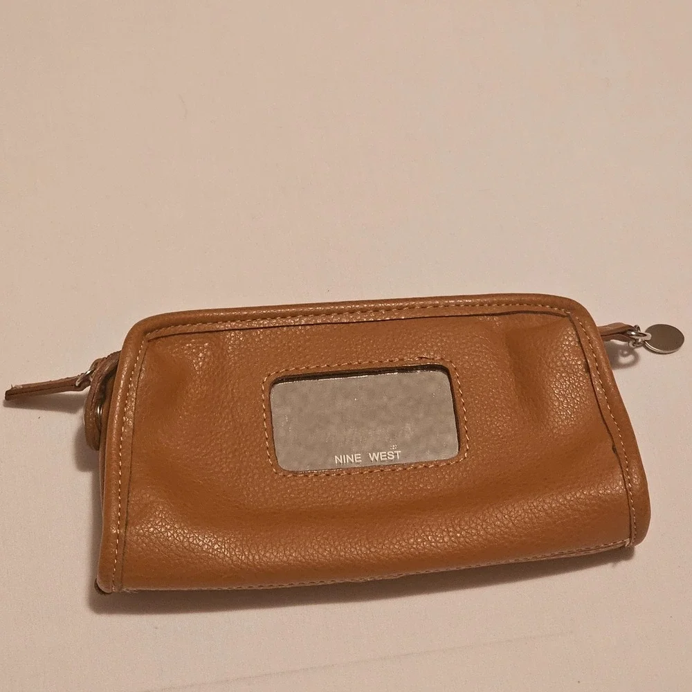 Nine West Brown Faux Leather ‎ Makeup Bag Vintage Mirror